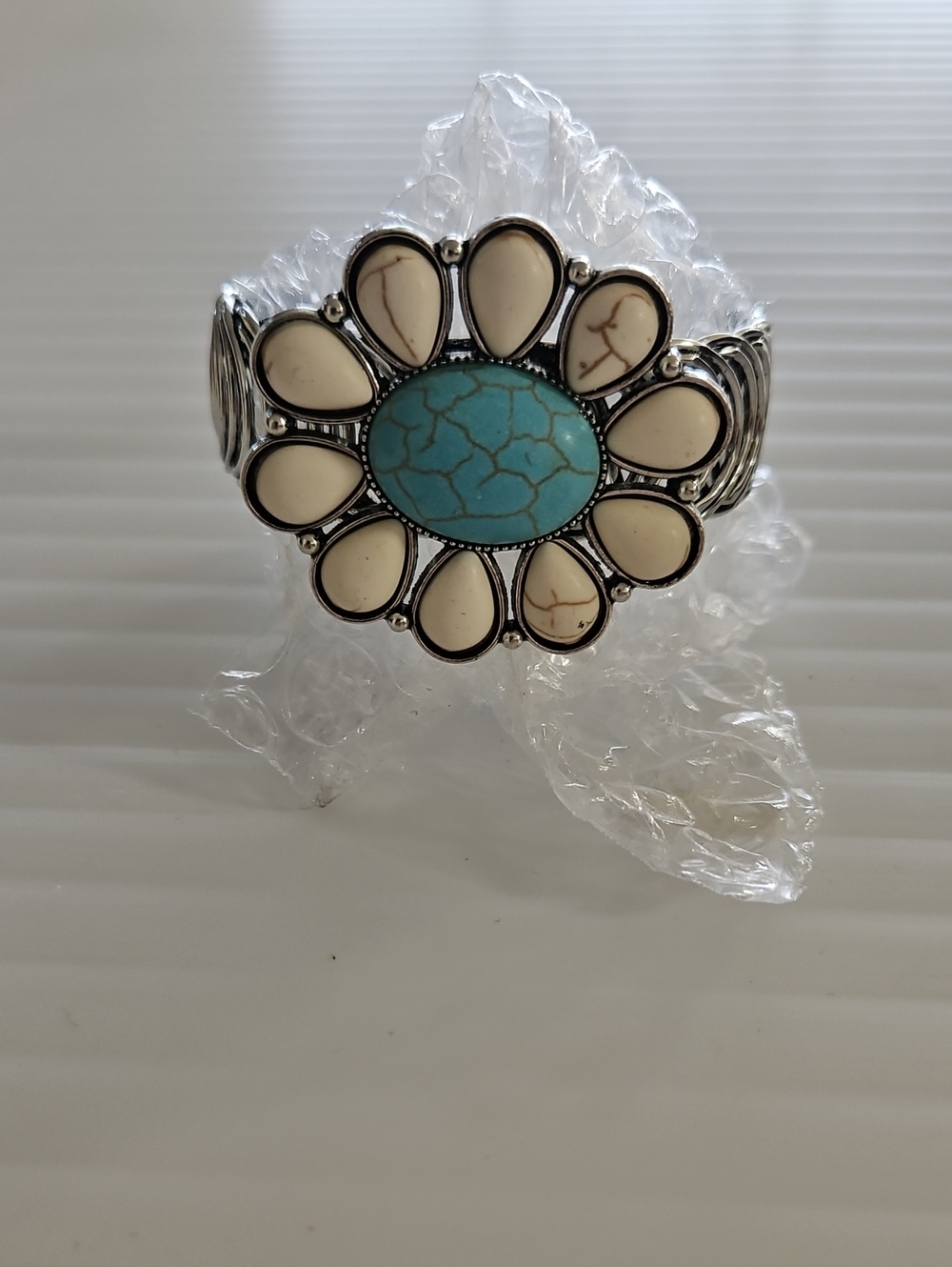 Turquoise and Cream Flower Cuff Bracelet - Women Jewelry
